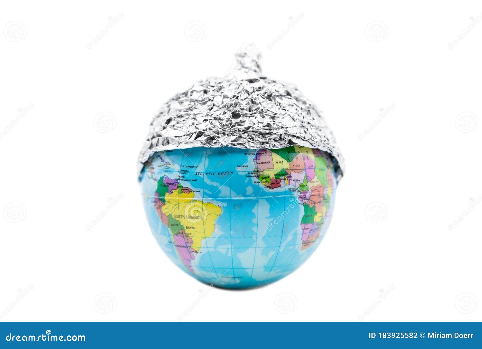 globe wearing a tin foil hat,  on white background, concept conspiracy theory and paranoia