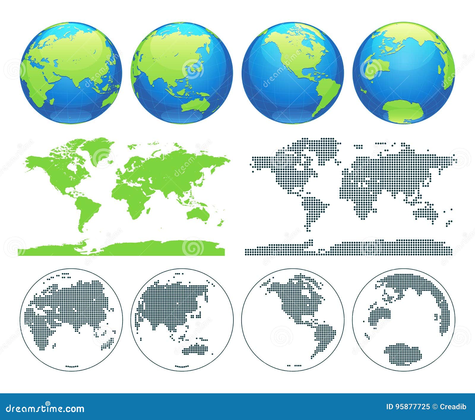 globes showing earth with all continents. digital world globe . dotted world map .