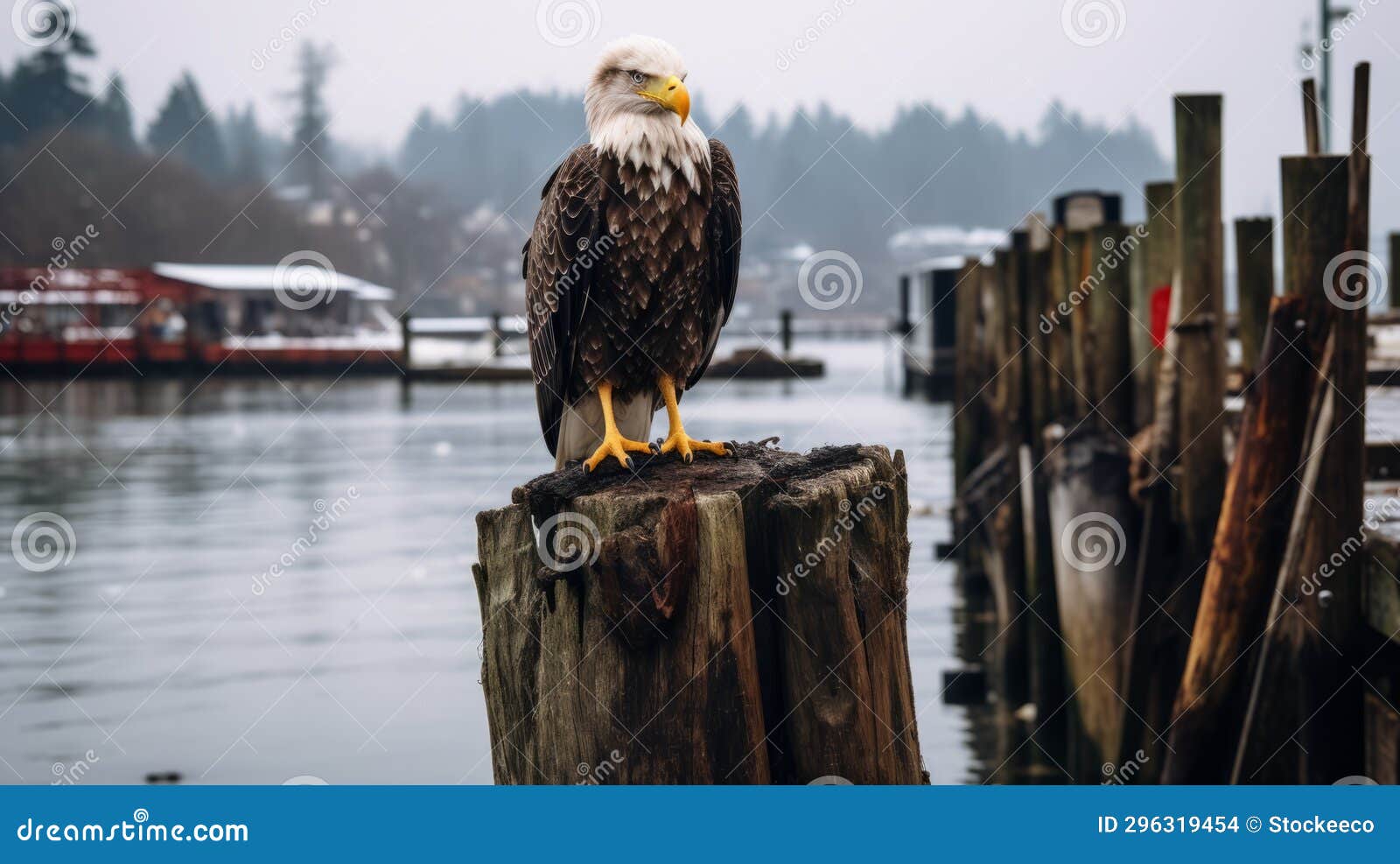 gloomy documentary-style photo of bald eagle on wooden pier