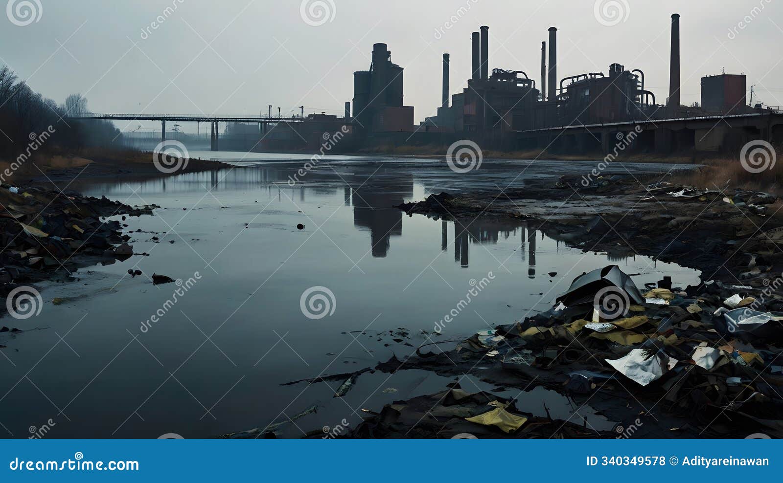 gloomy industrial riverfront: a haunting depiction of environmental decay