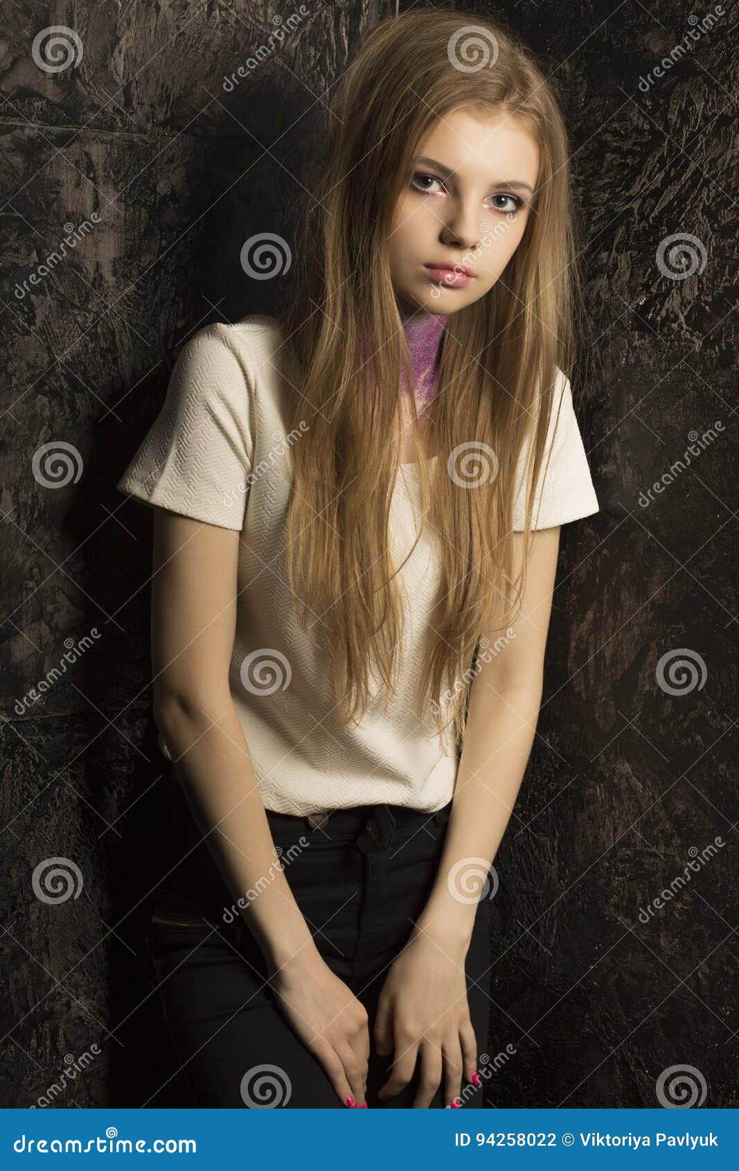 Glorious Young Model with Bright Makeup and Violet Glitter on he Stock Photo Image of black