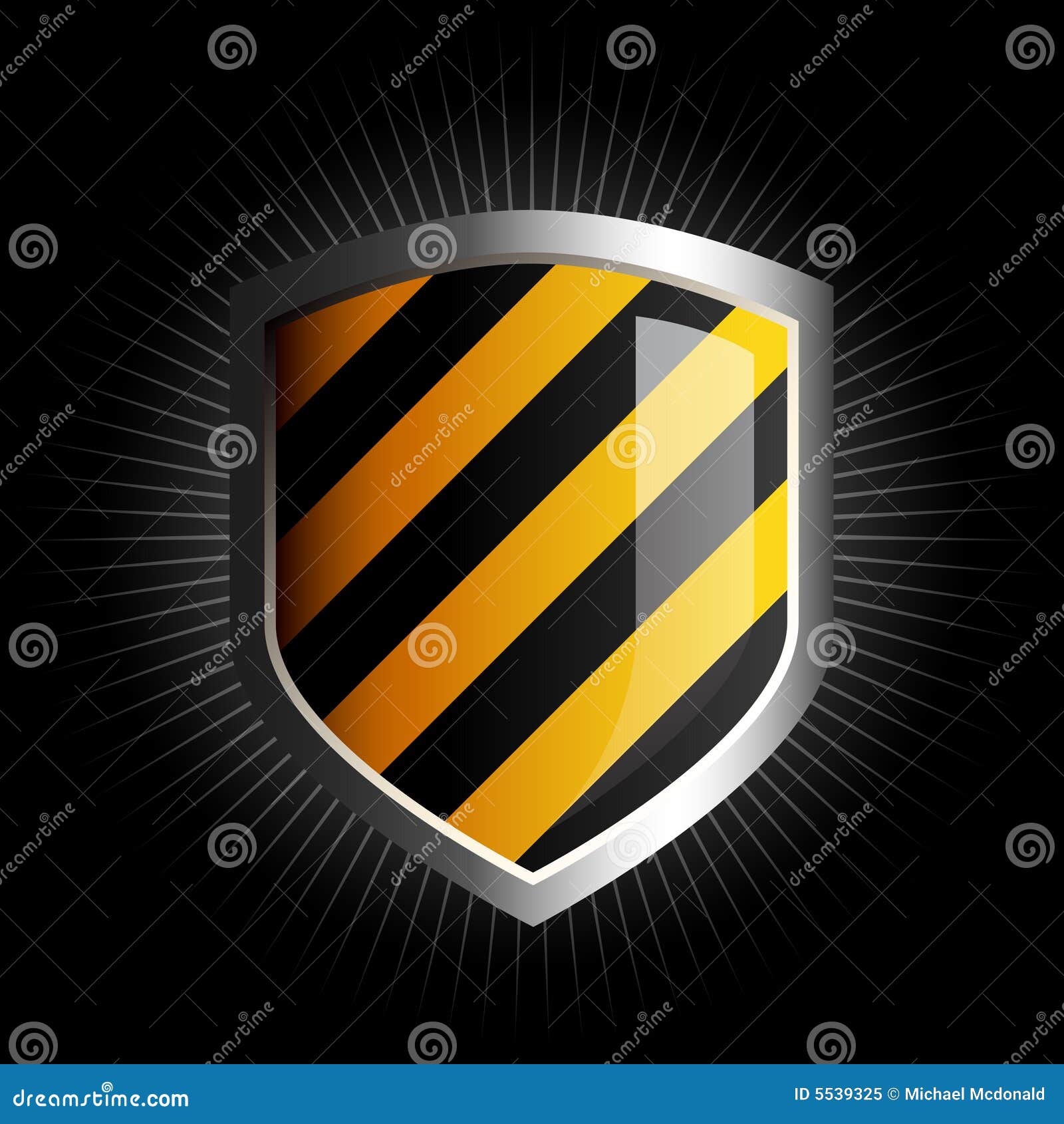Glossy black and yellow shield emblem with starburst background