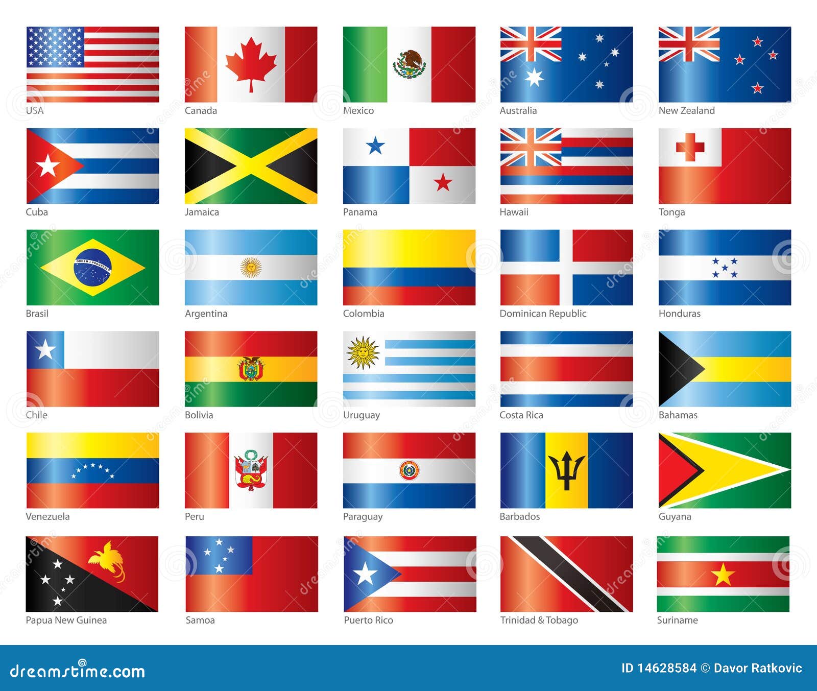 glossy flags set america & oceania