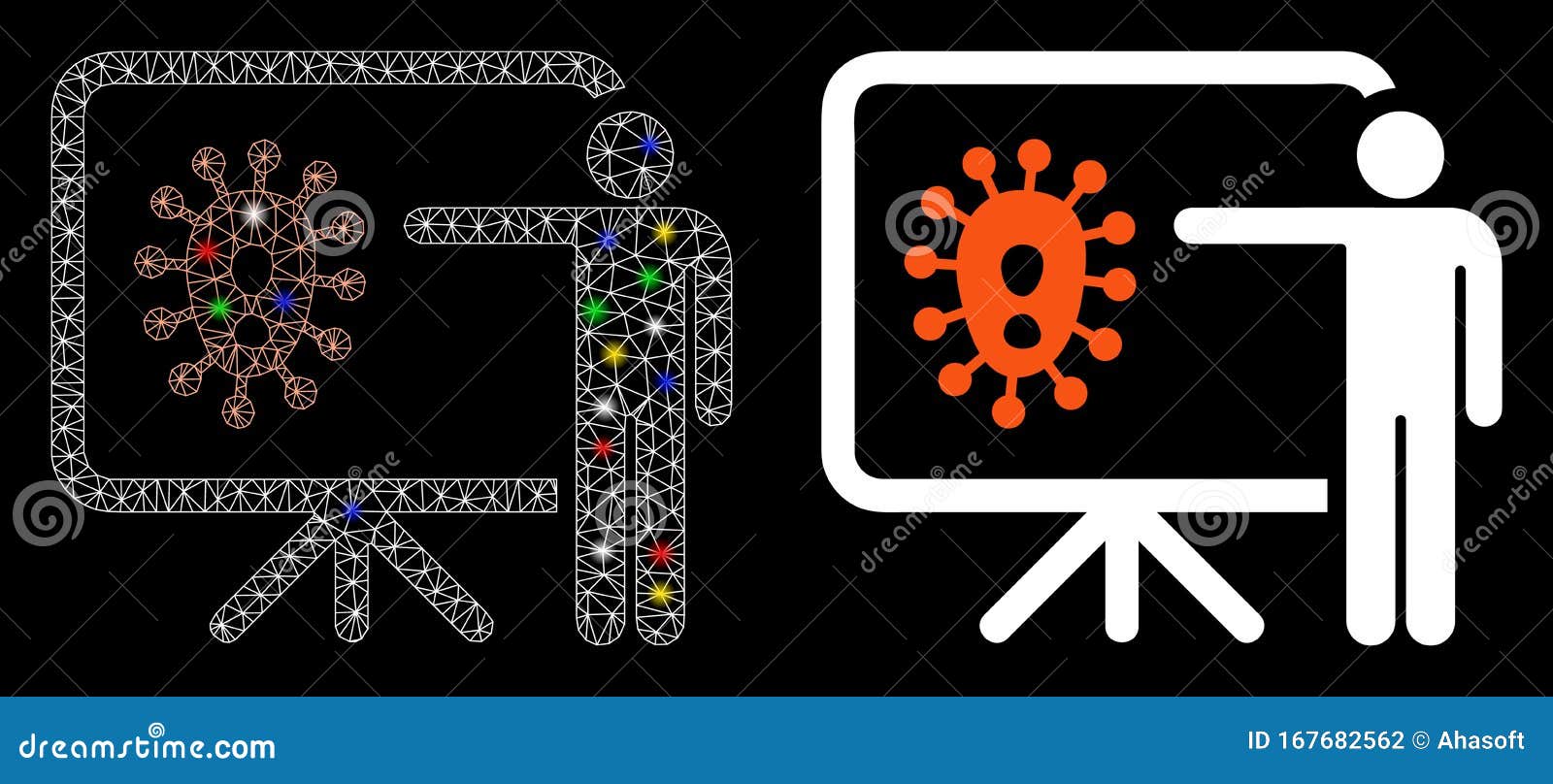 Bright Mesh Wire Frame Virus Lecture Icon with Flash Spots Stock Vector