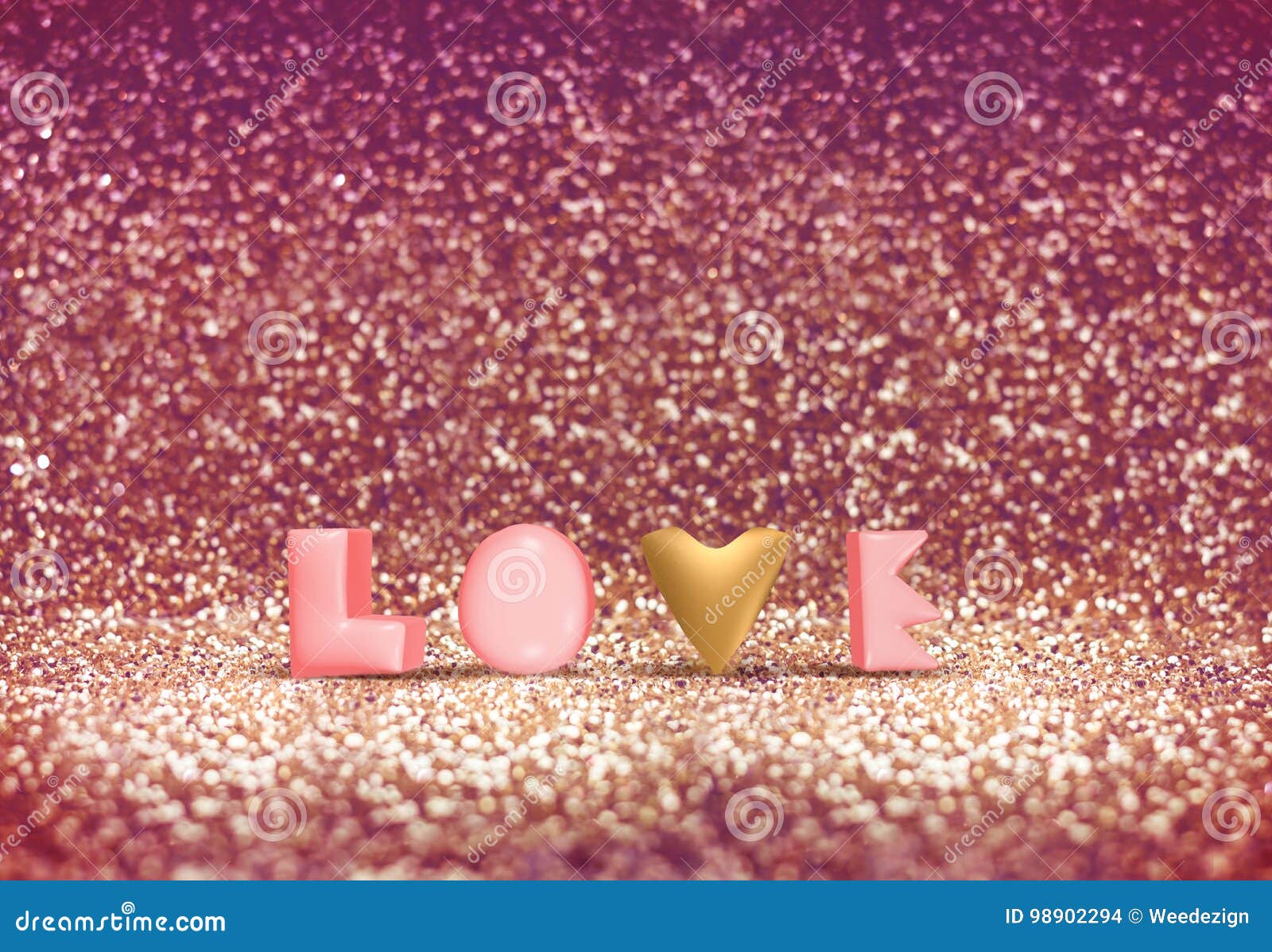 Glossy Pink And Gold Color Love Word In Vintage Red Glitter