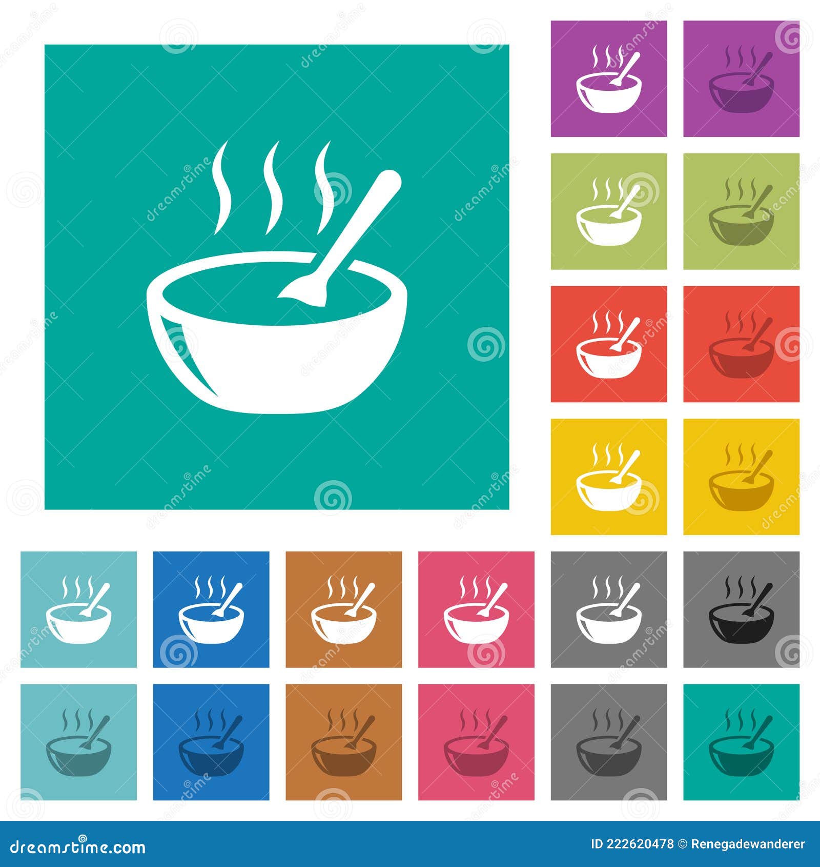 glossy steaming bowl of soup with spoon square flat multi colored icons