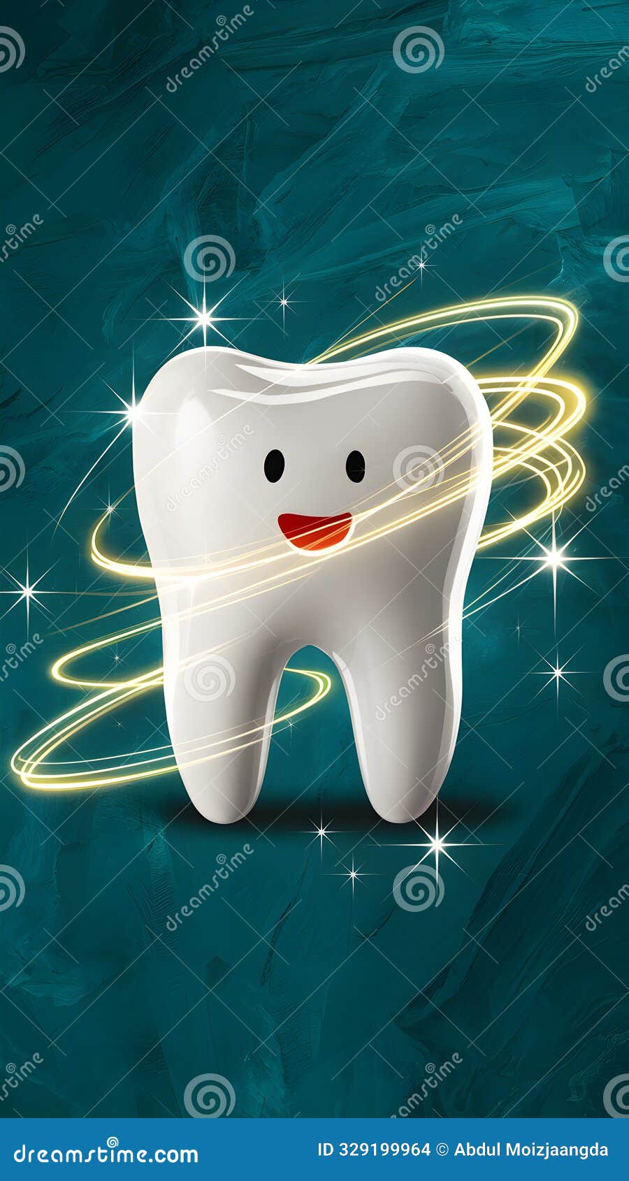 glossy tooth, teal background, abstract light trails, whimsical touch