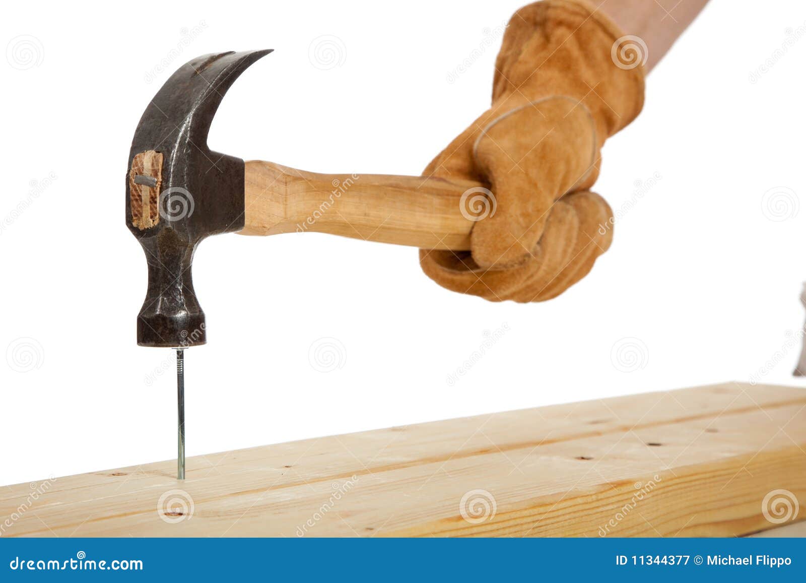 A Gloved Hand Hammering a Nail in a Piece of Wood Stock Image Image