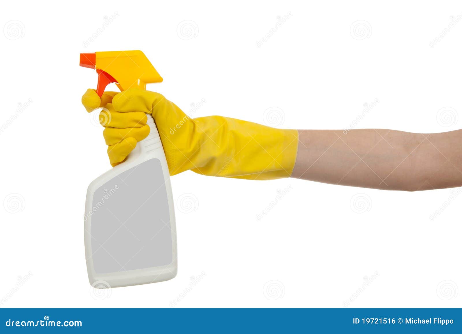 gloved hand with spray bottle with copy space