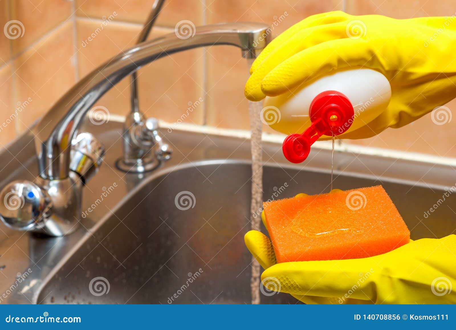 Gloved Hands with Dishwashing Liquid and a Sponge in the Kitchen Stock Photo Image of faucet