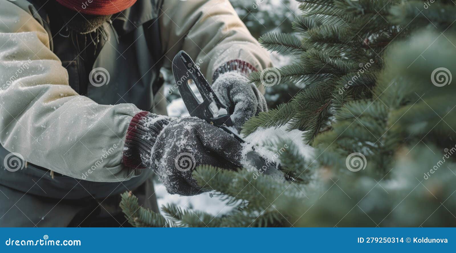 Gloved Hands Using a Saw To Cut Branches at the Bottom of the Christmas