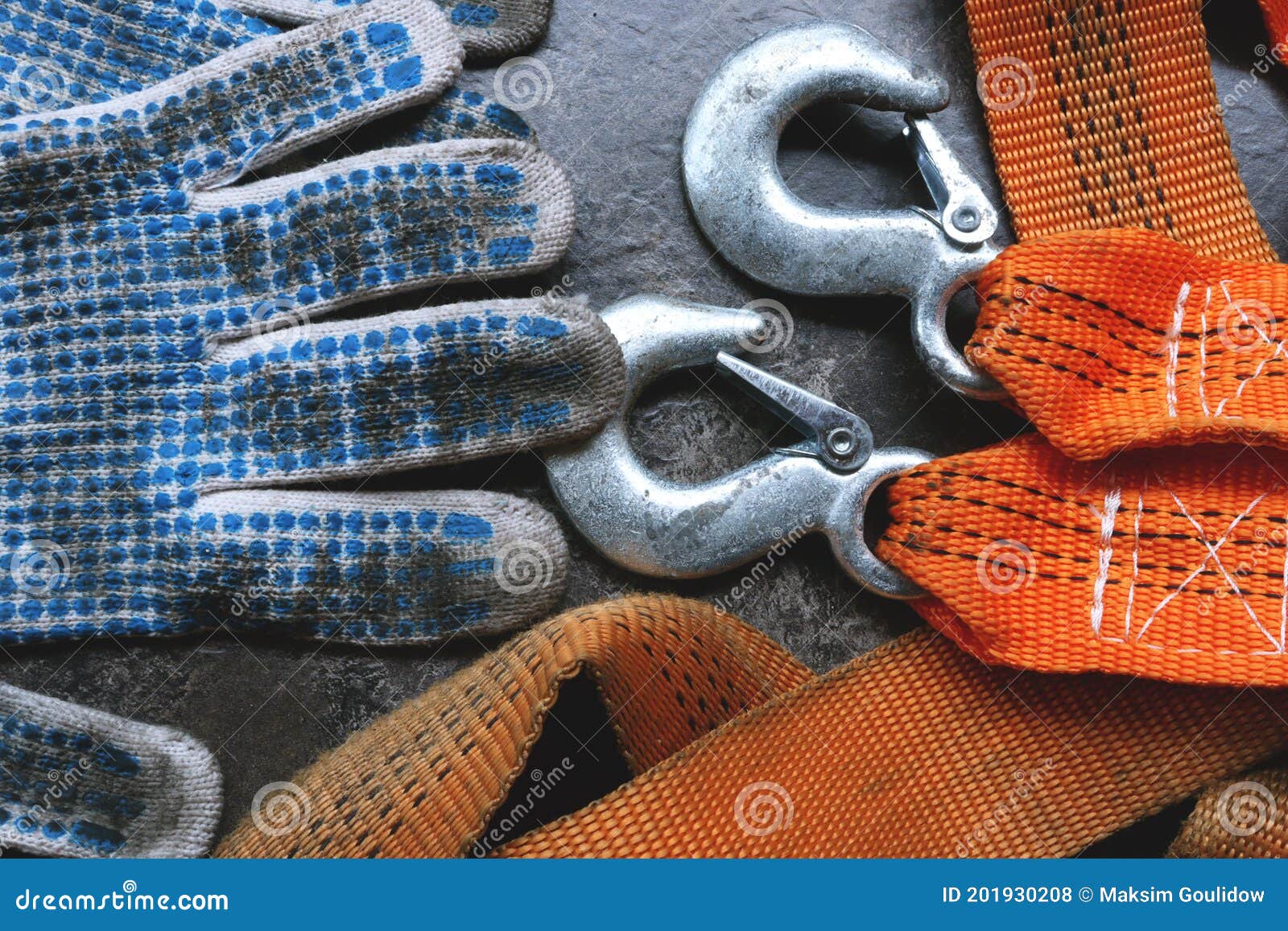 Gloves, Orange Tow Rope. Hooks and Gloves Stock Photo Image of