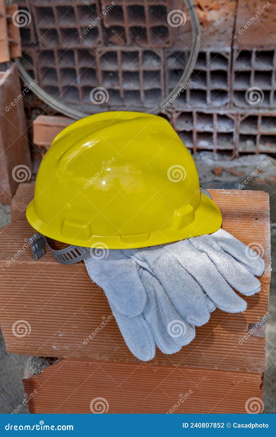 gloves and protection helmet on pile of bricks