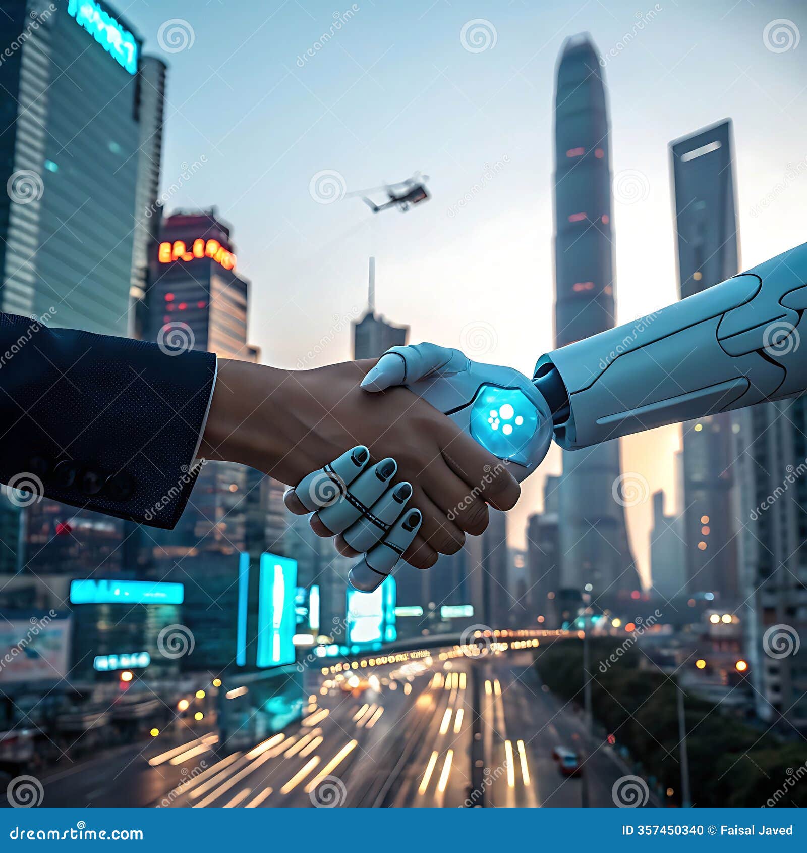 glowing ai robot hand shaking hands with a human
