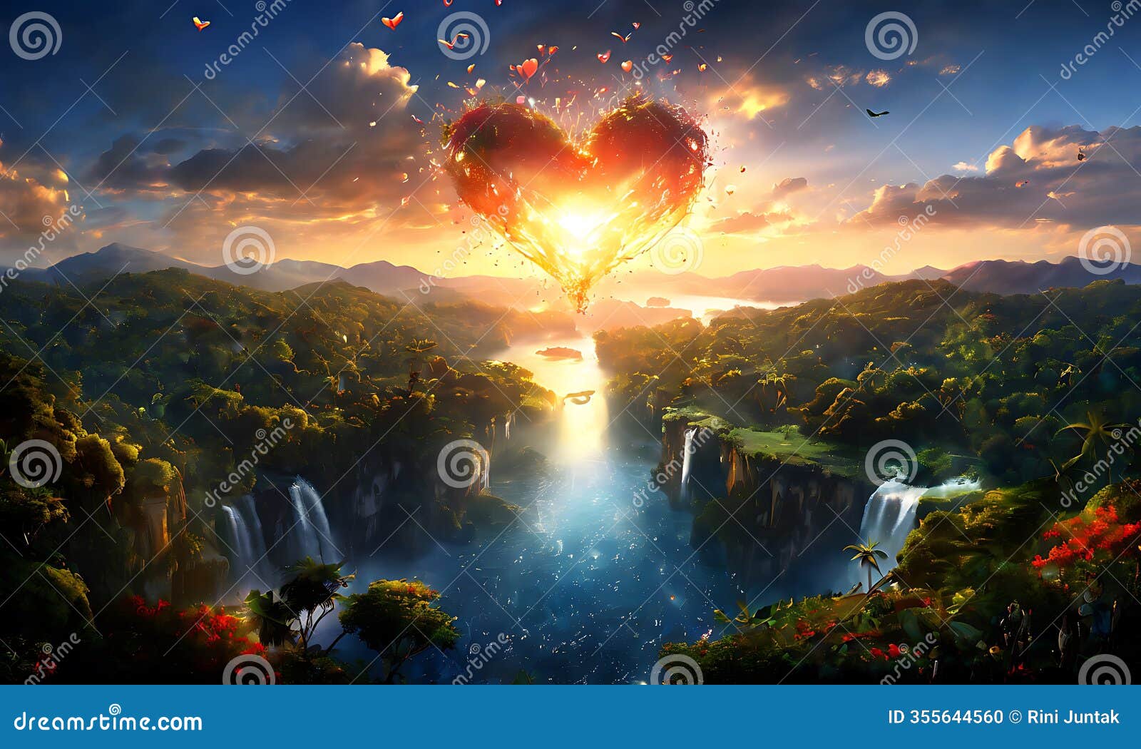 a glowing animated heart-d island floating in the sky, complete with tiny waterfalls, celebrating valentine's day.