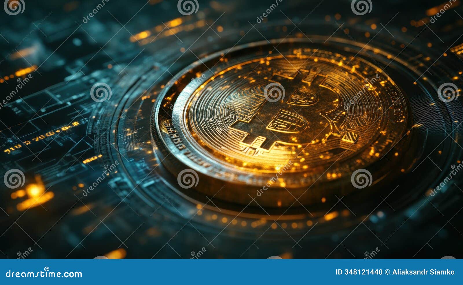 glowing bitcoin coin with a background of financial market data