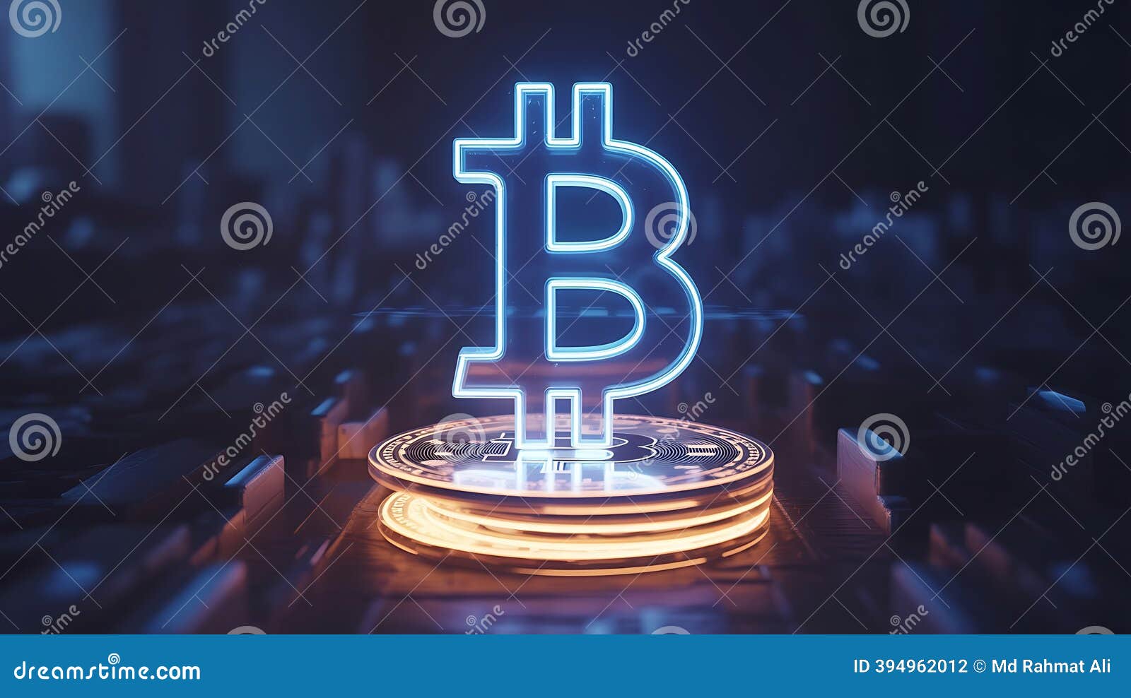 Glowing Bitcoin Symbol on Stacked Coins Cryptocurrency Stock Illustration -  Illustration of finance, blockchain: 394962012