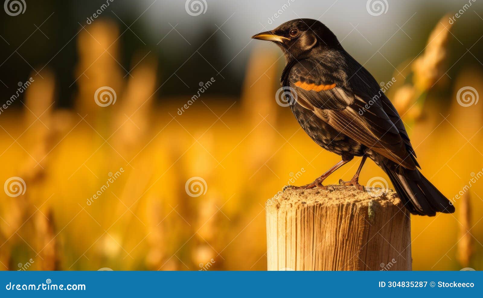 glowing blackbird perched on wooden post in lush field