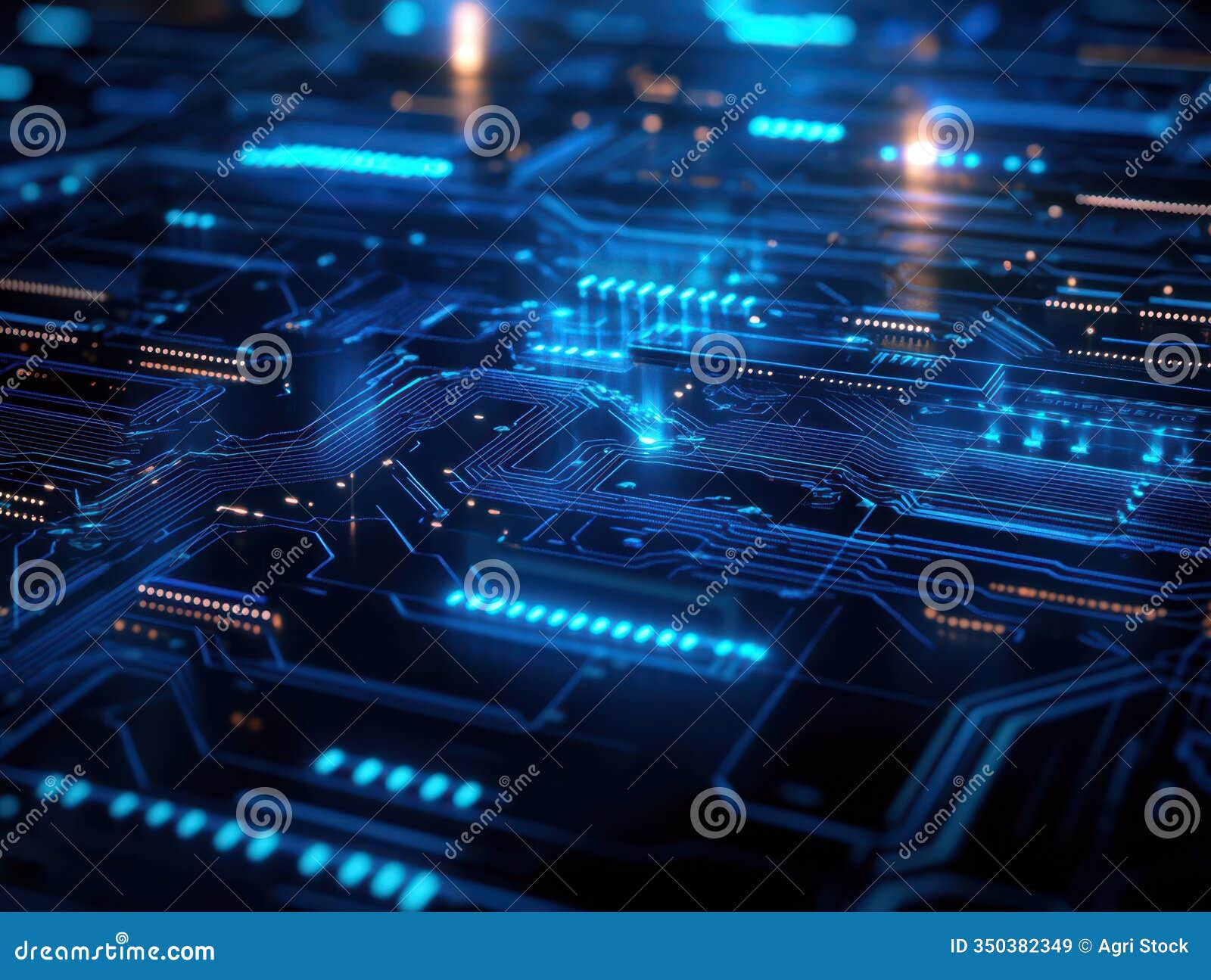 glowing blue circuit board with orange lights
