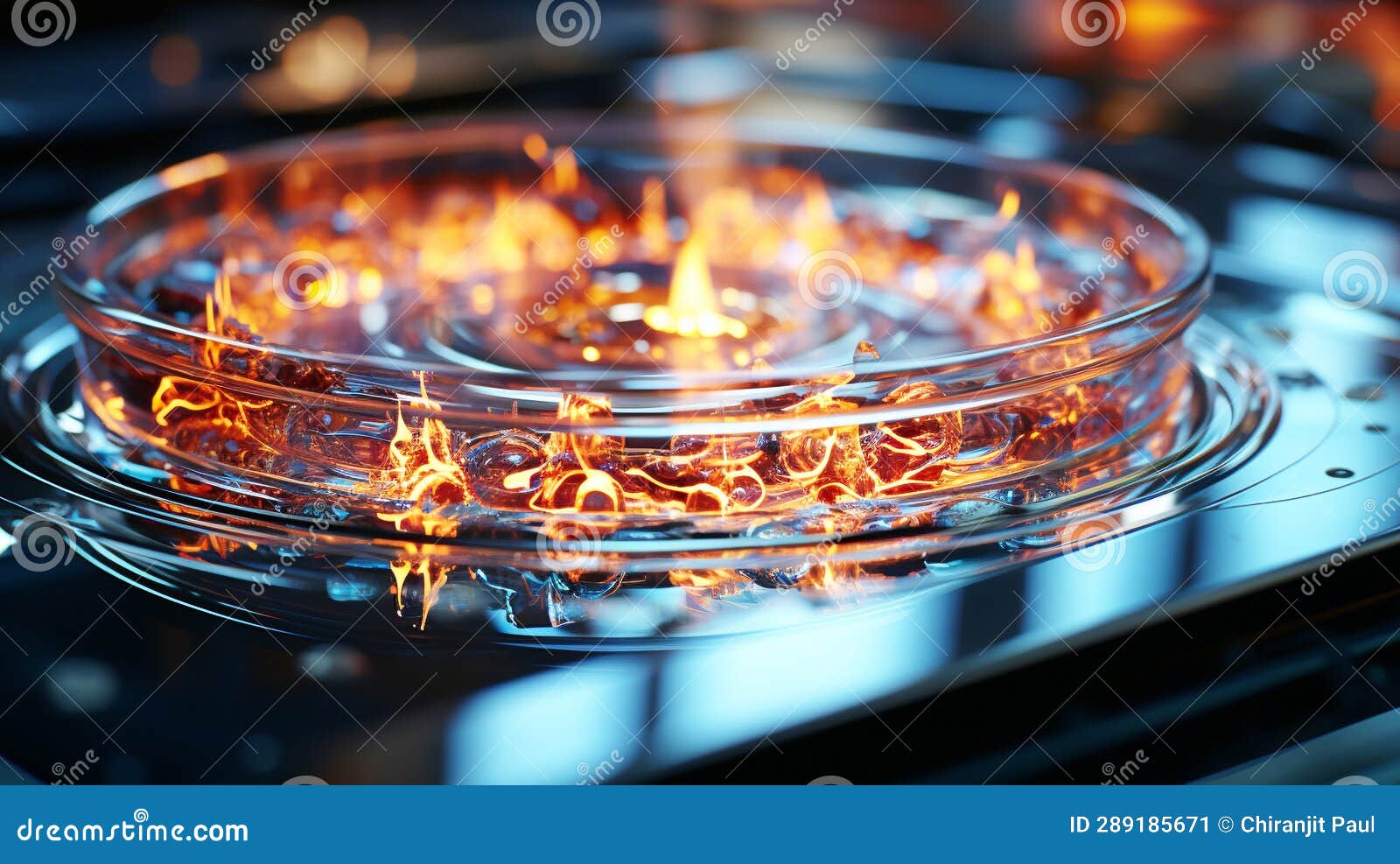 Glowing Burner Ignites Spiral of Blue Flame on Stove Top Stock