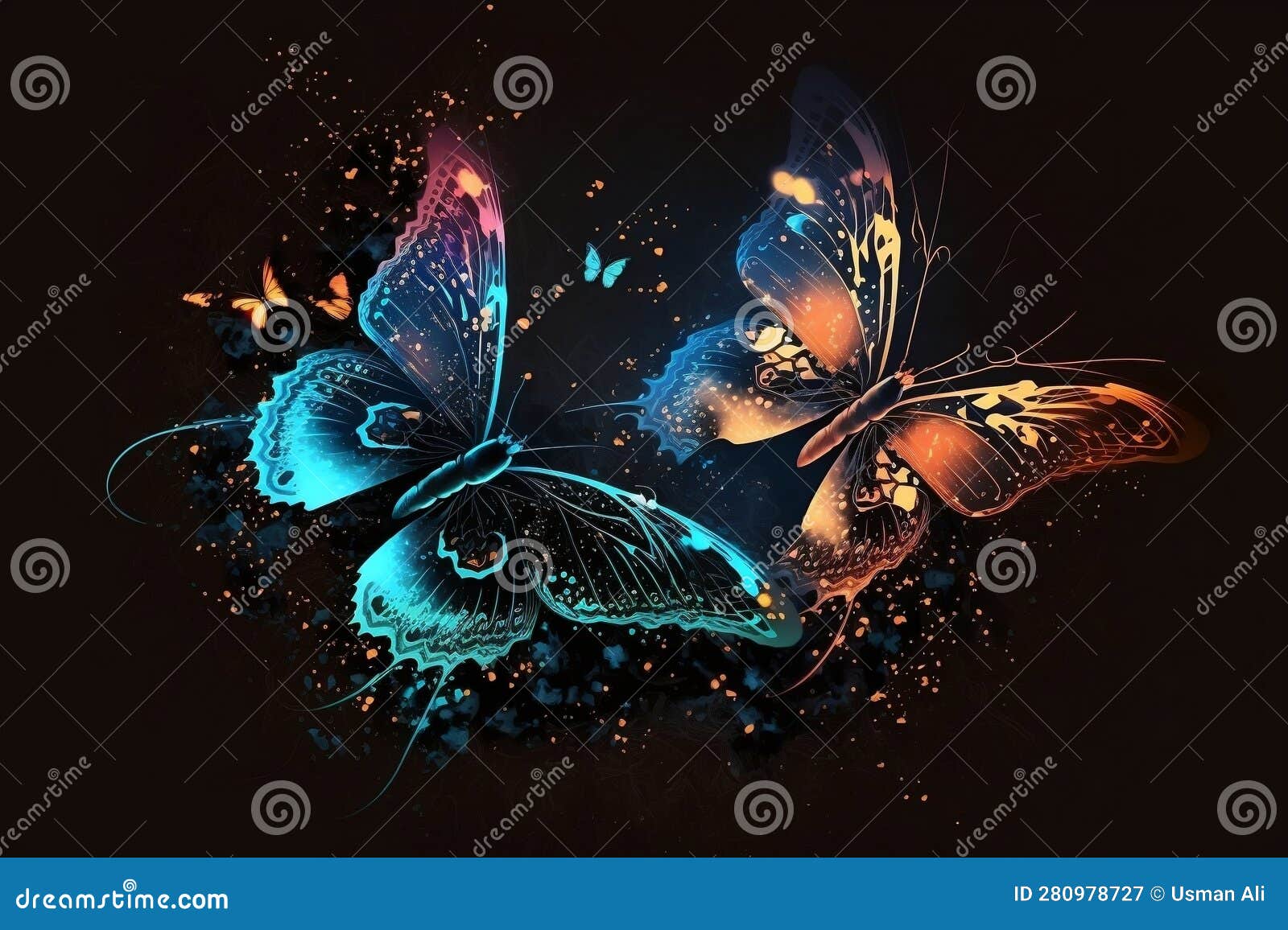 Glowing Butterflies in the Night Sky on Abstract Background. AI Stock