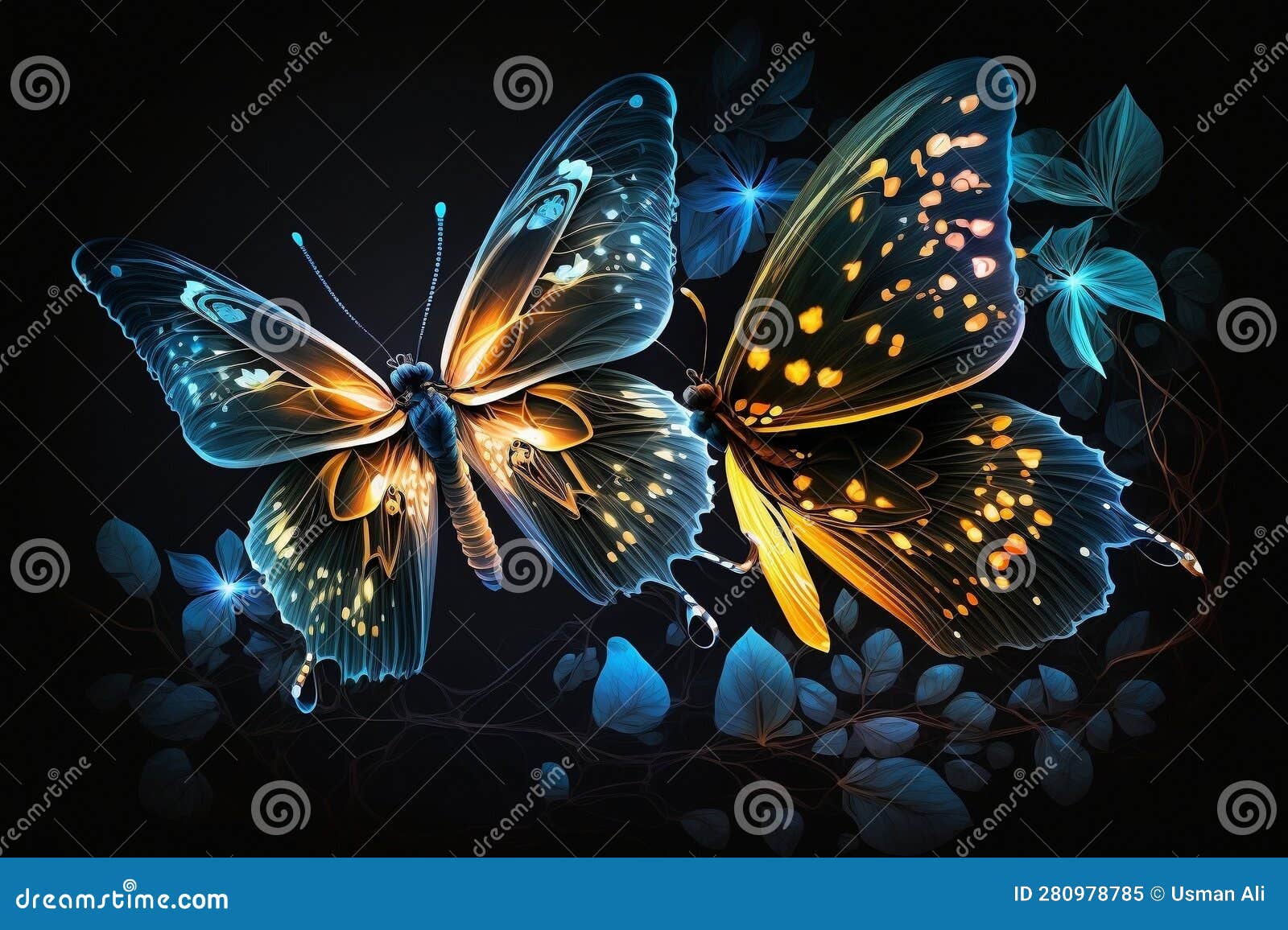 Glowing Butterflies in the Night Sky on Abstract Background. AI Stock