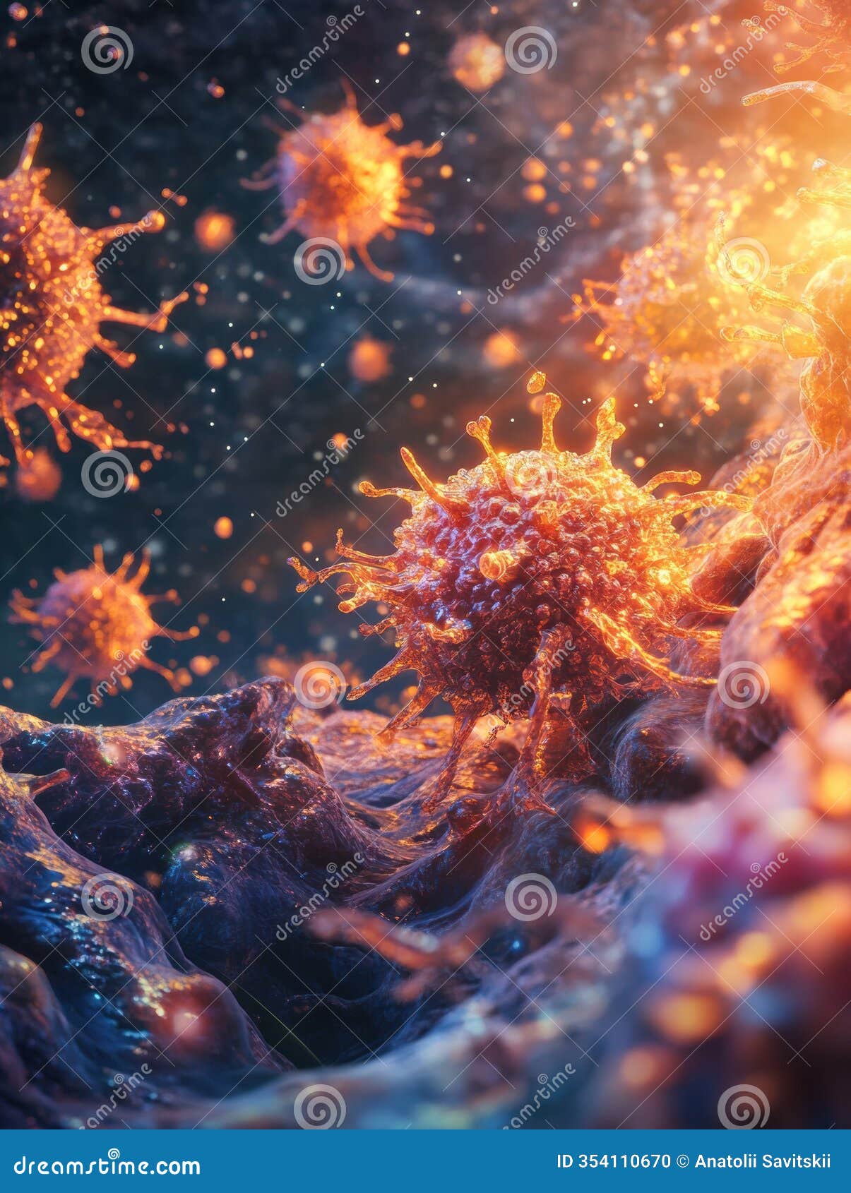 glowing cancer cells showcase cellular behavior in a microscopic environment. generative ai