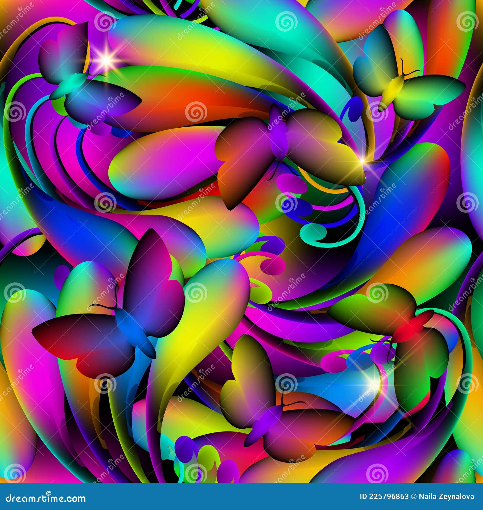 glowing colorful butterflies and flowers seamless pattern. abstract illuminated bright 3d background. repeat glow luminosity