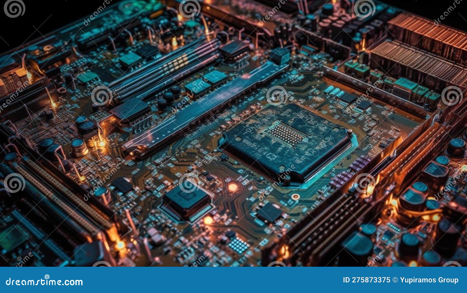 Glowing Computer Chip on Motherboard Shows Technological Progress