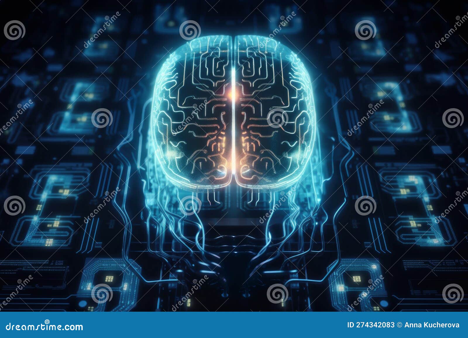 glowing cyber brain over circuit board, human-machine interface concept. generative ai 