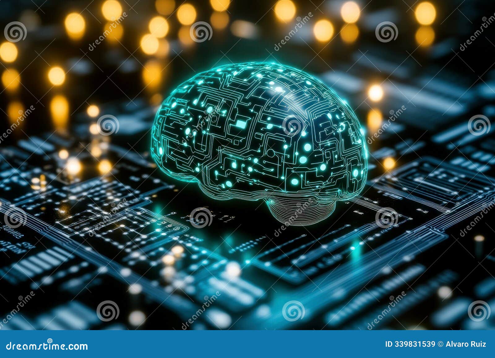 glowing digital brain on a futuristic circuit board