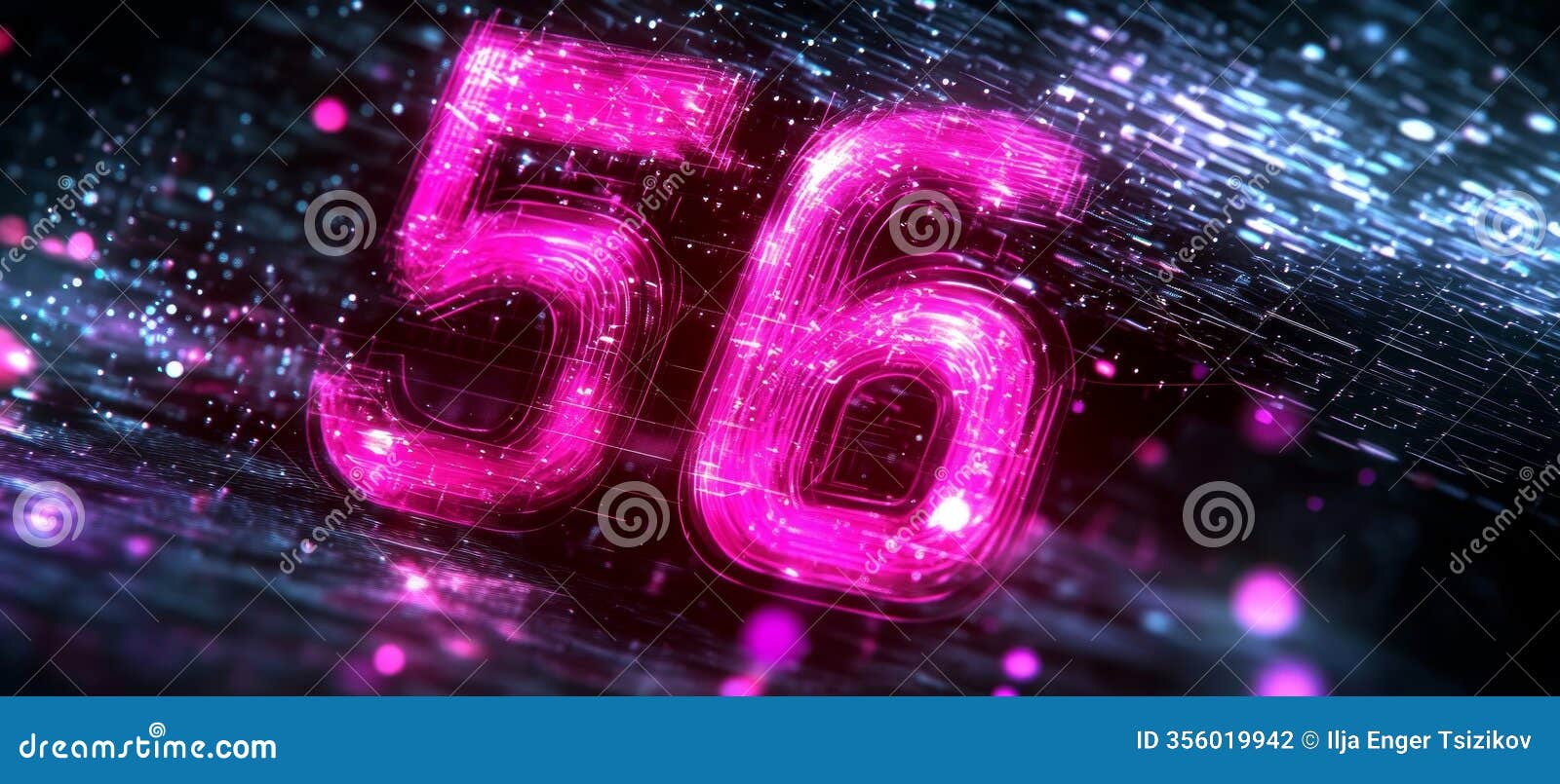 glowing digital 3d number 56 in futuristic style on abstract background with sparkles