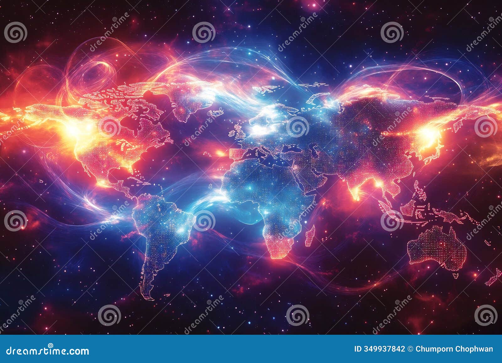 glowing digital world map with futuristic auroras connecting cosmic metropolises