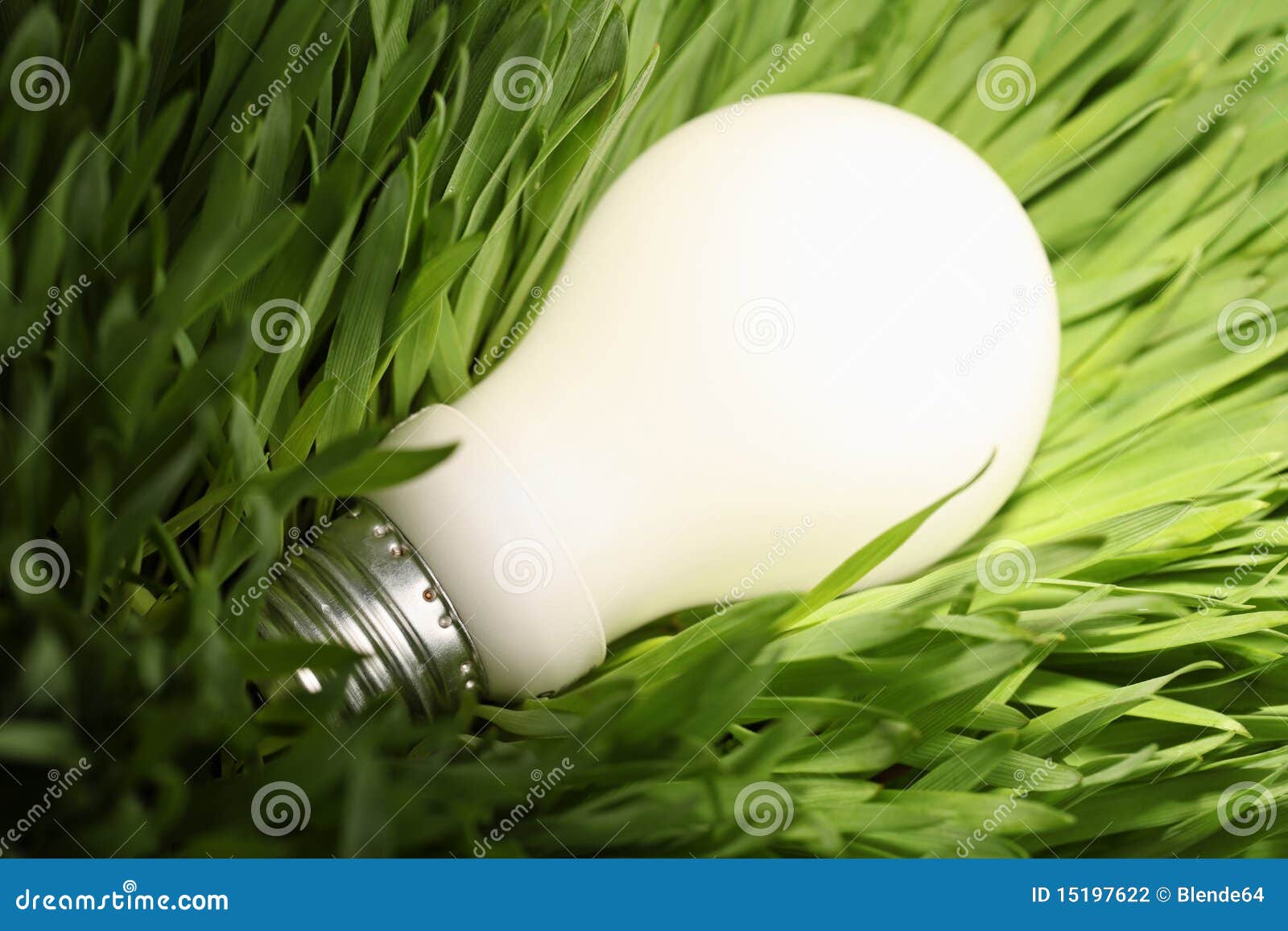 Close-up of a glowing energy saving lightbulb on green grass