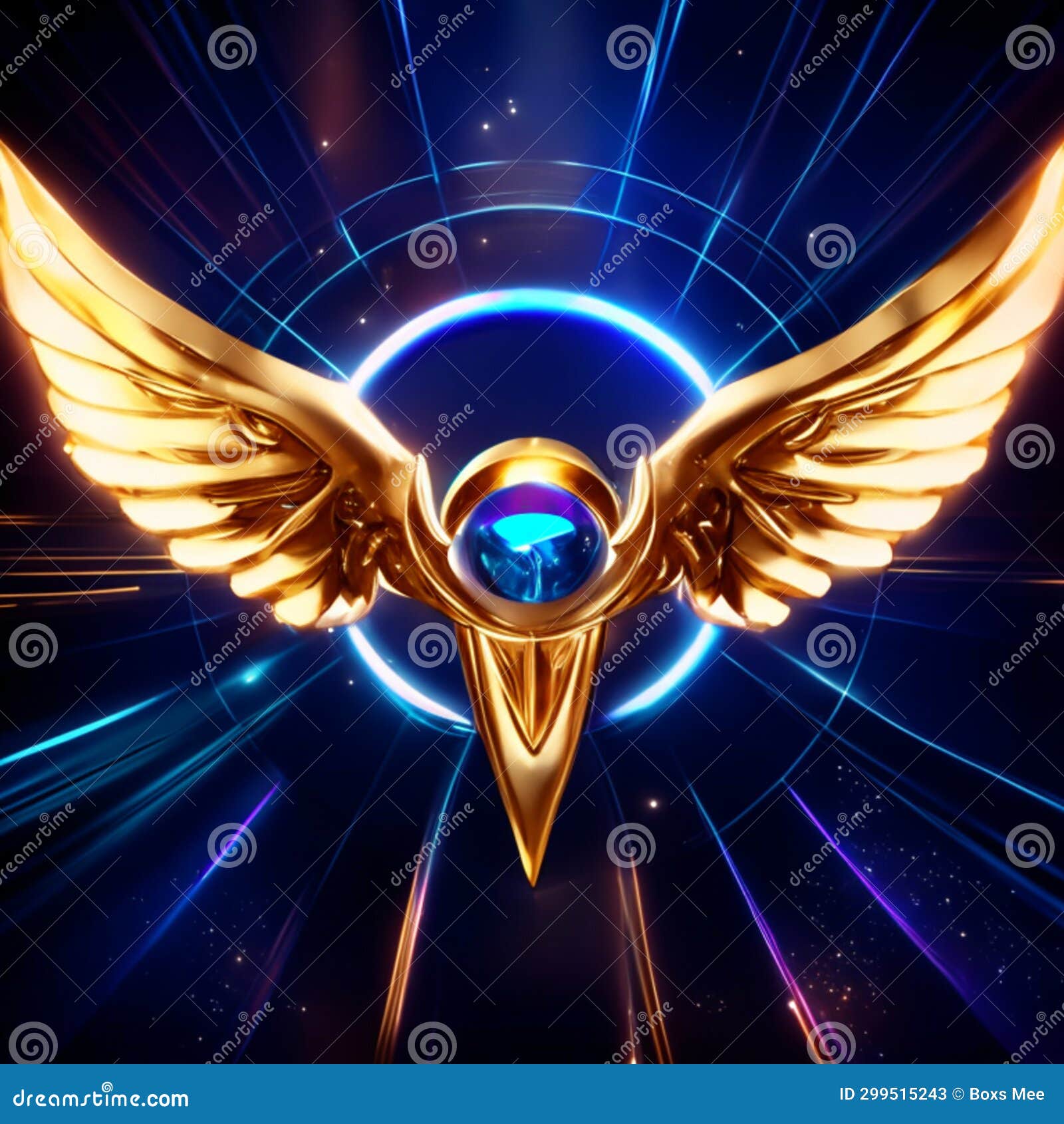 Glowing Golden Angel Wings on Blue Background. Vector 3d Illustration