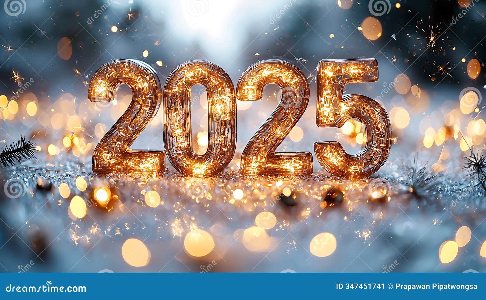 glowing golden 2025 crafted from sparkling lights in festive setting