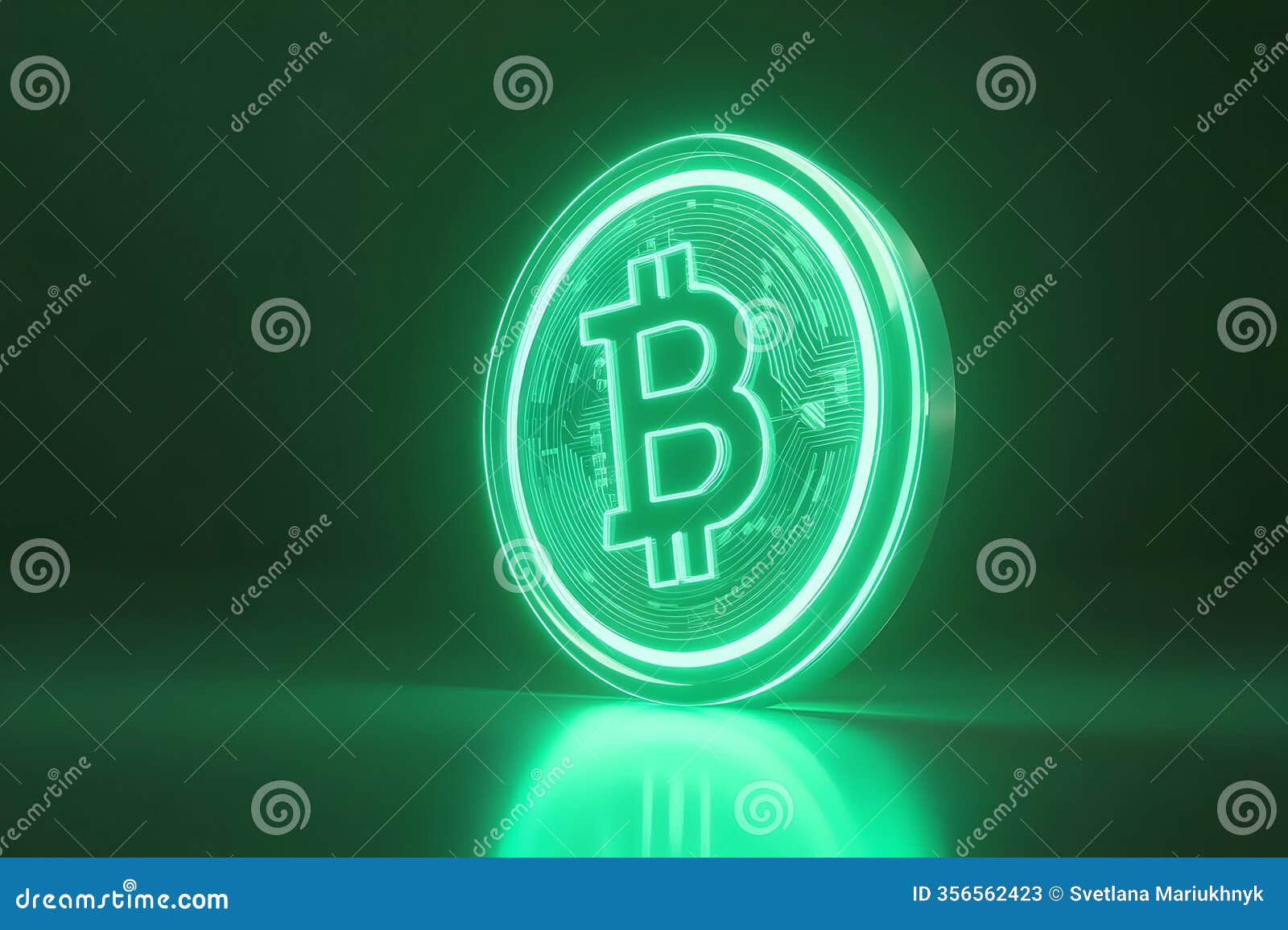 glowing green bitcoin coin representing digital cryptocurrency and blockchain technology in a futuristic virtual