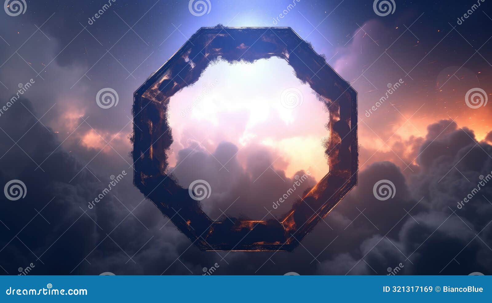 hexagonal frame in the clouds. digital art with fiery effect and sky. aig35.
