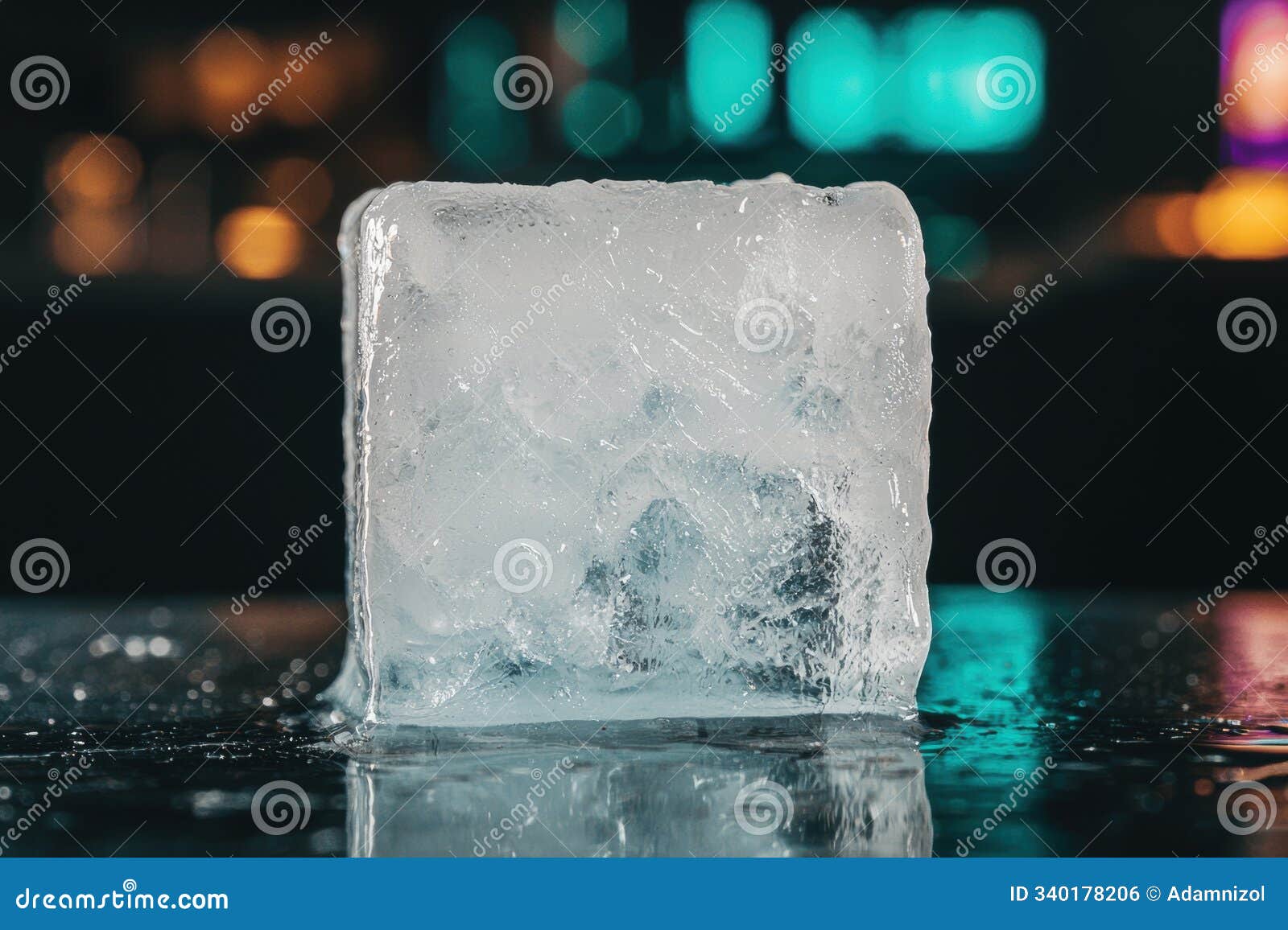 glowing ice cube on reflective surface