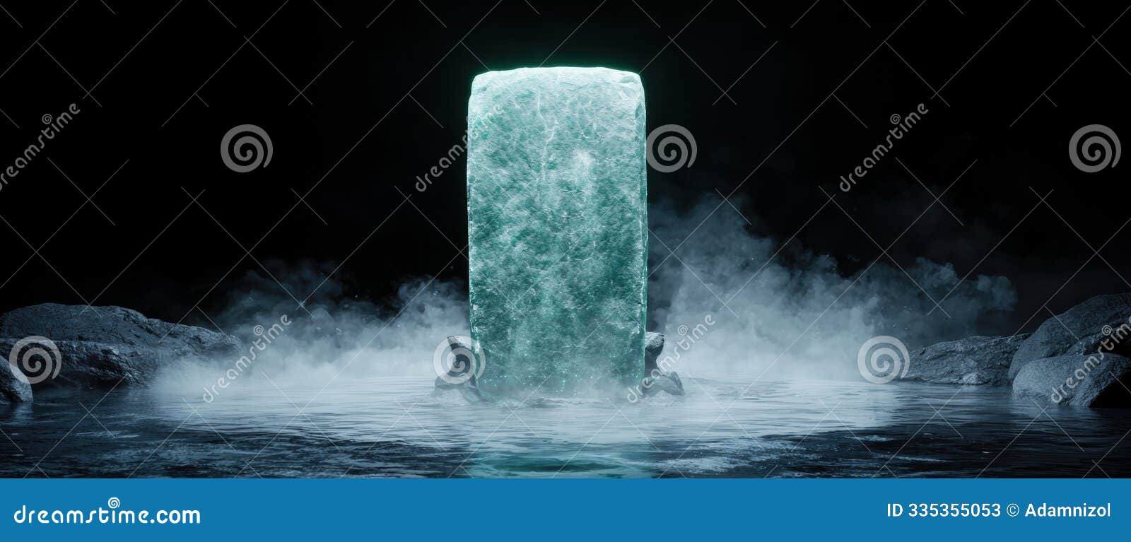 glowing ice monolith in misty water