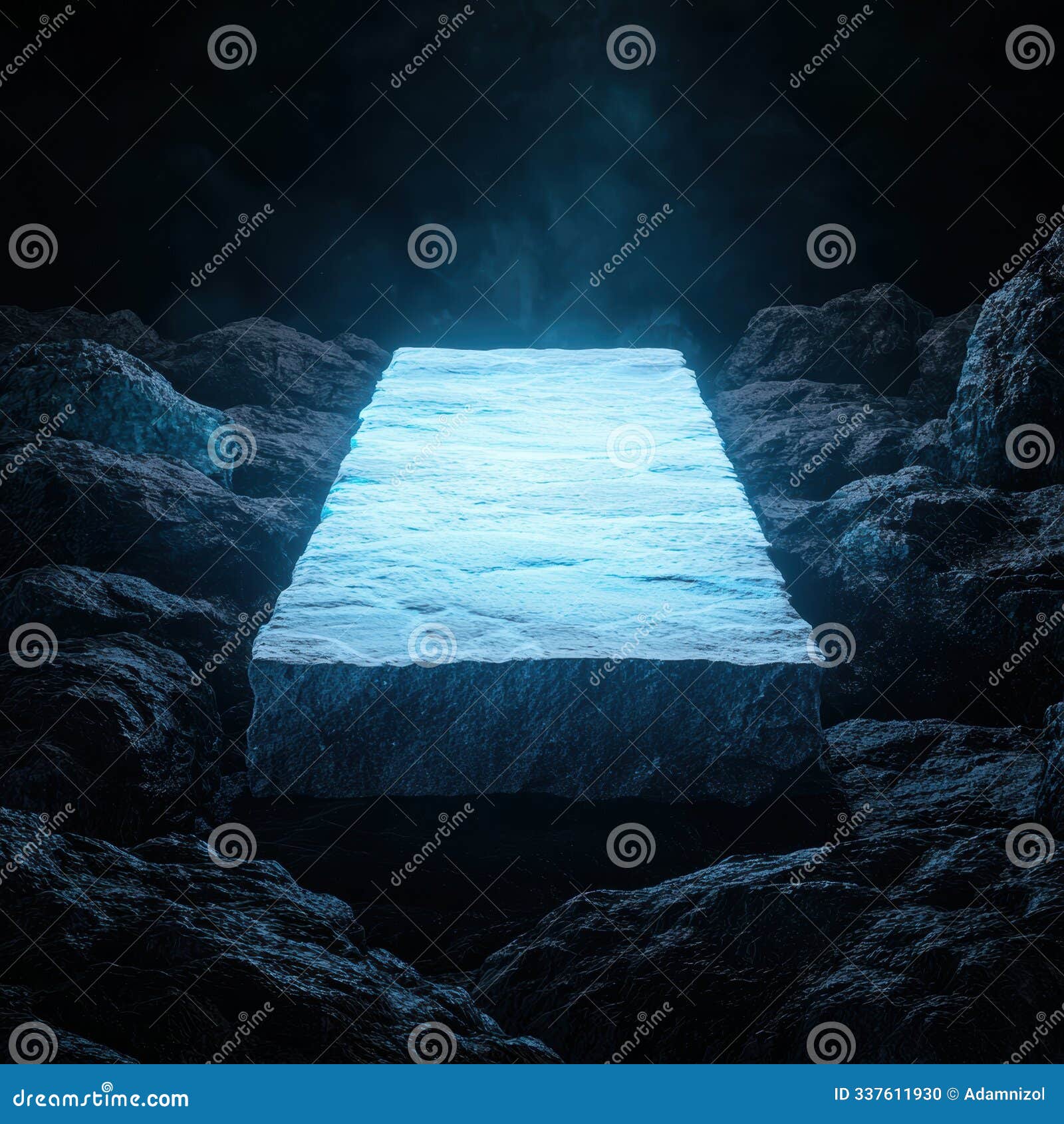 glowing ice platform in dark cave