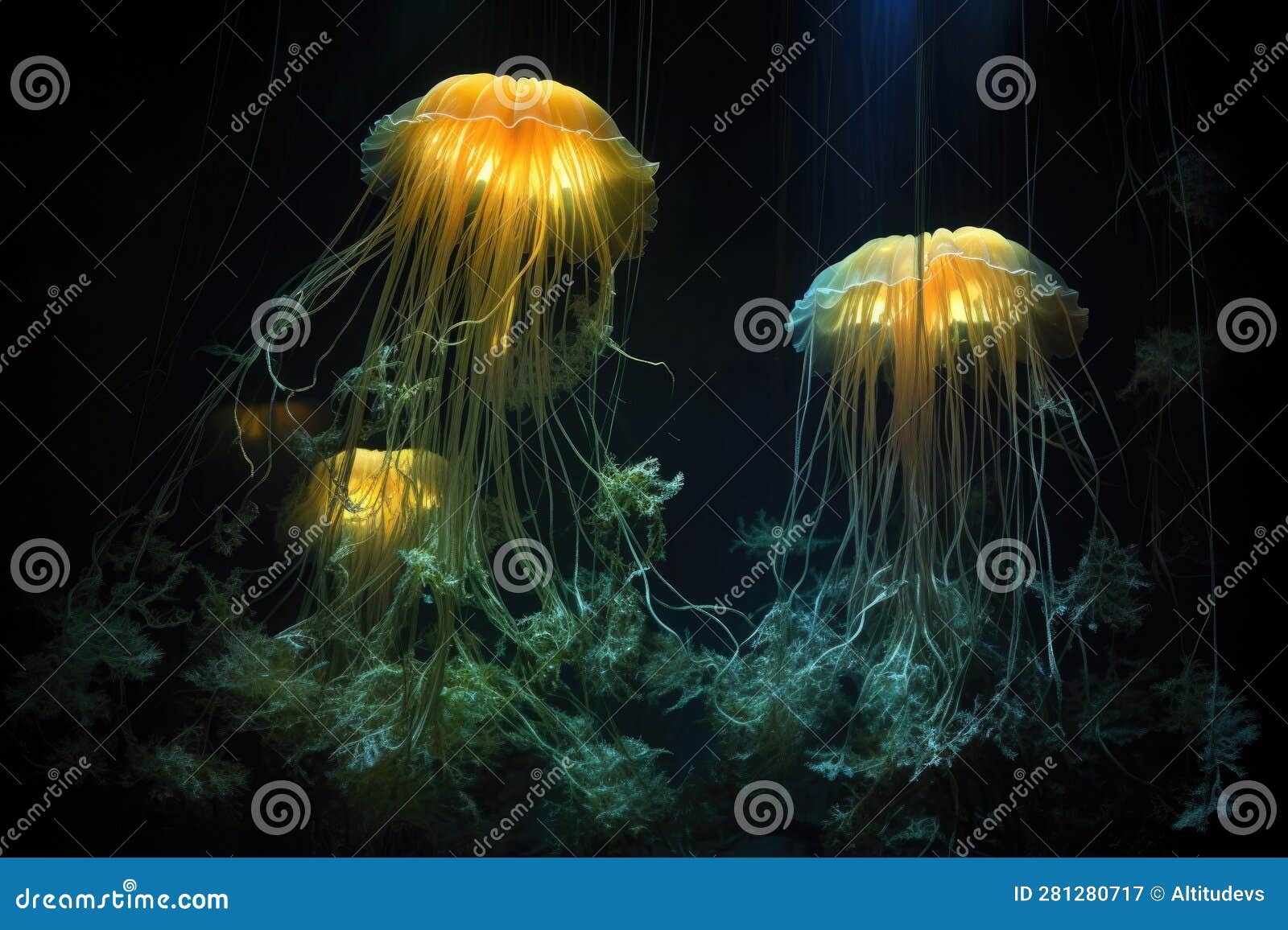 Glowing Jellyfish Tangled in Strands of Seaweed Underwater Stock