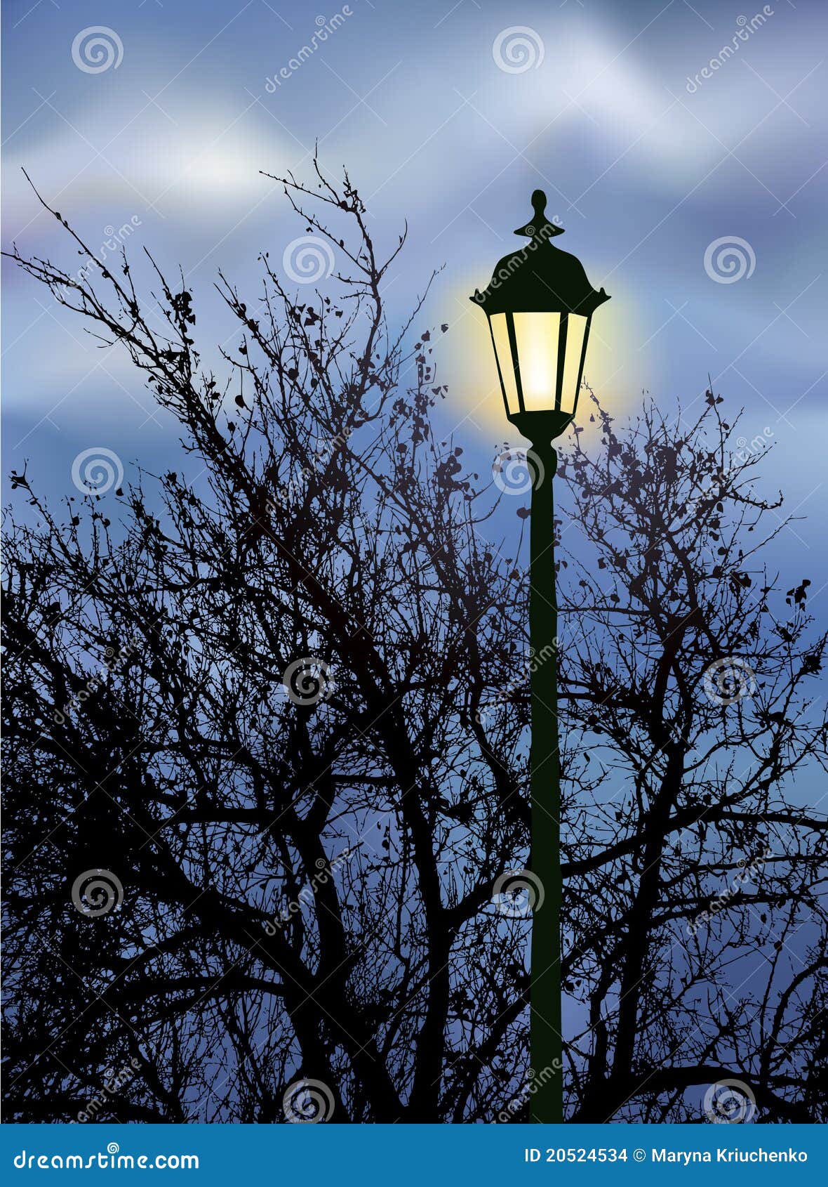 Vector landscape. Glowing lantern near the branches of an old tree a cool autumn evening