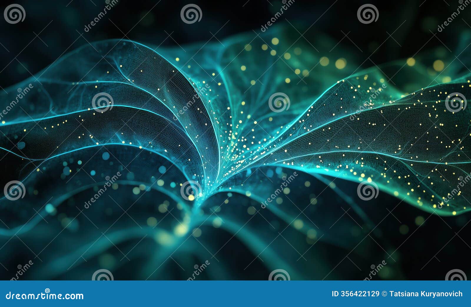 glowing leaf structure with luminous particles, intricate details, ethereal , vibrant colors, abstract
