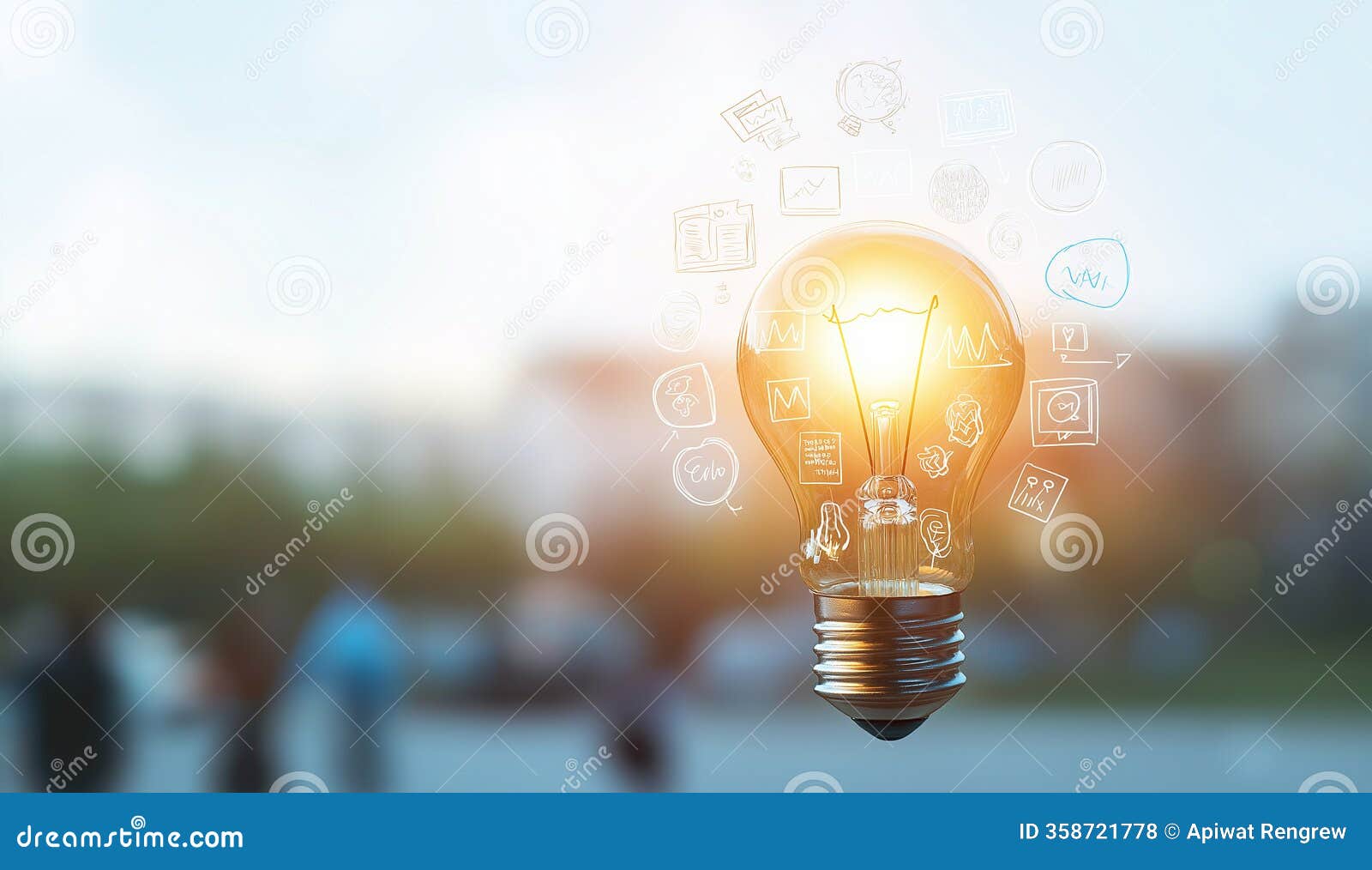 glowing light bulb surrounded by doodles representing marketing and business  izing creativity and innovation in