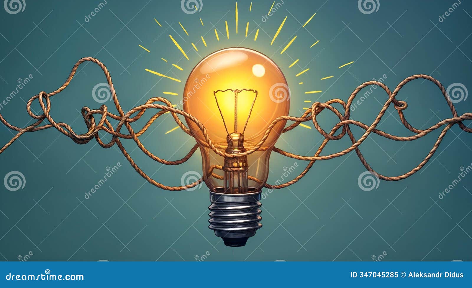 glowing light bulb surrounded by tangled ropes on teal background