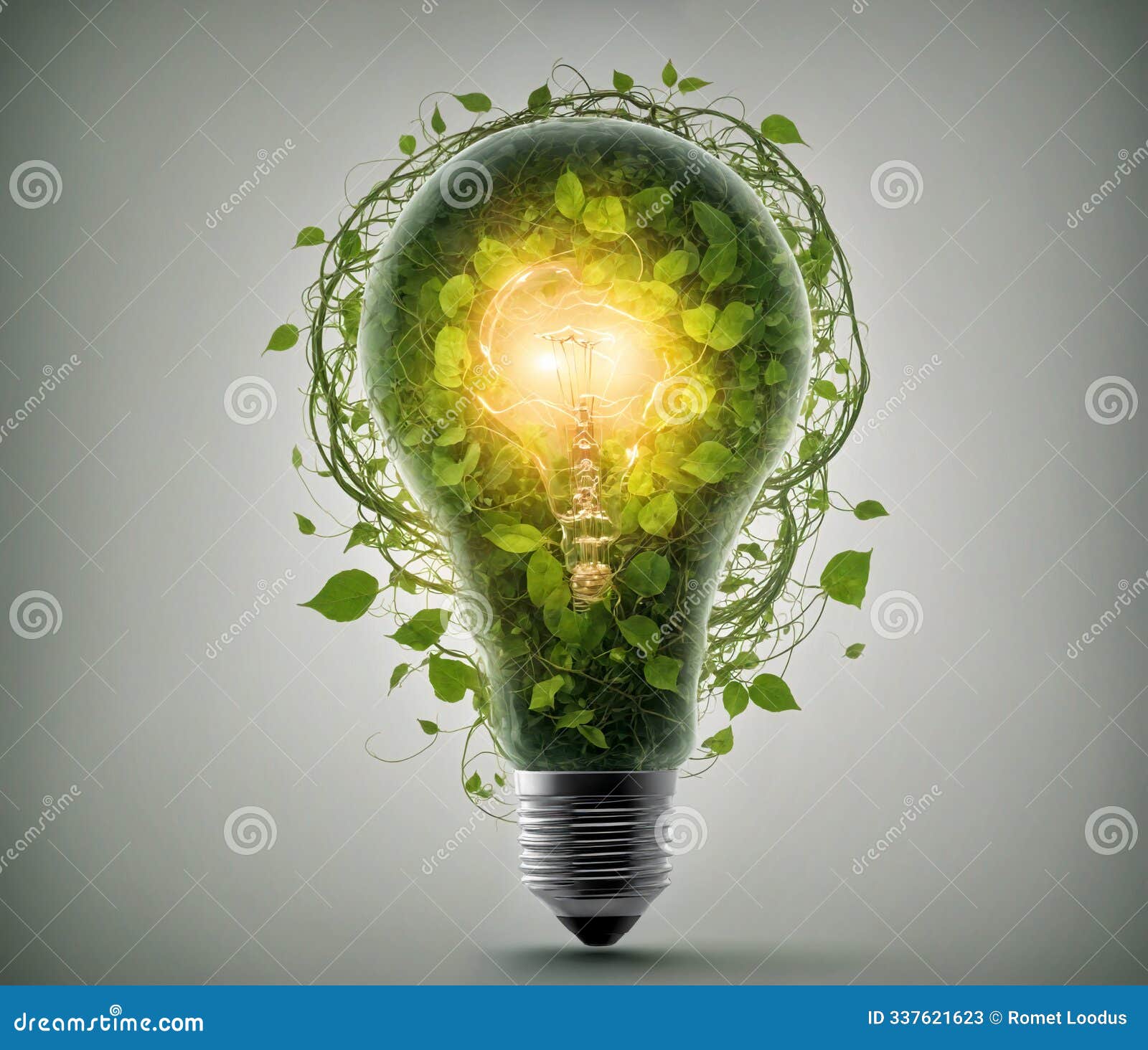 green energy concept with glowing lightbulb and green leaves on grey background