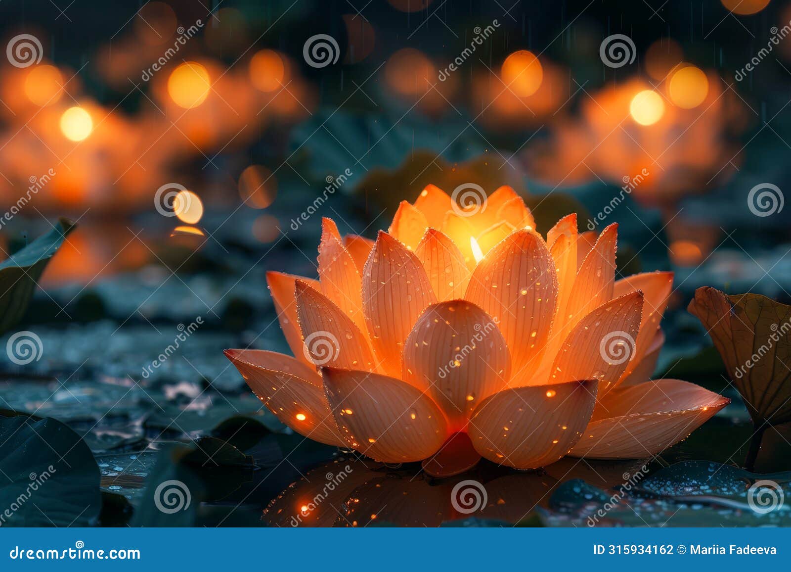 glowing lotus flower on water at night with rain, conveys calm and peacefulness. vesak day greeting card.