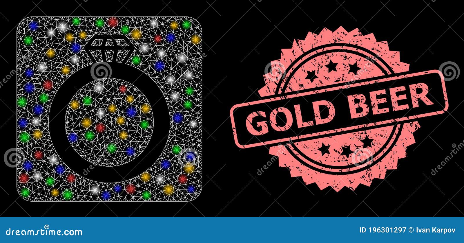 Scratched Gold Beer Stamp Seal and Net Gem Ring with Light Spots Stock