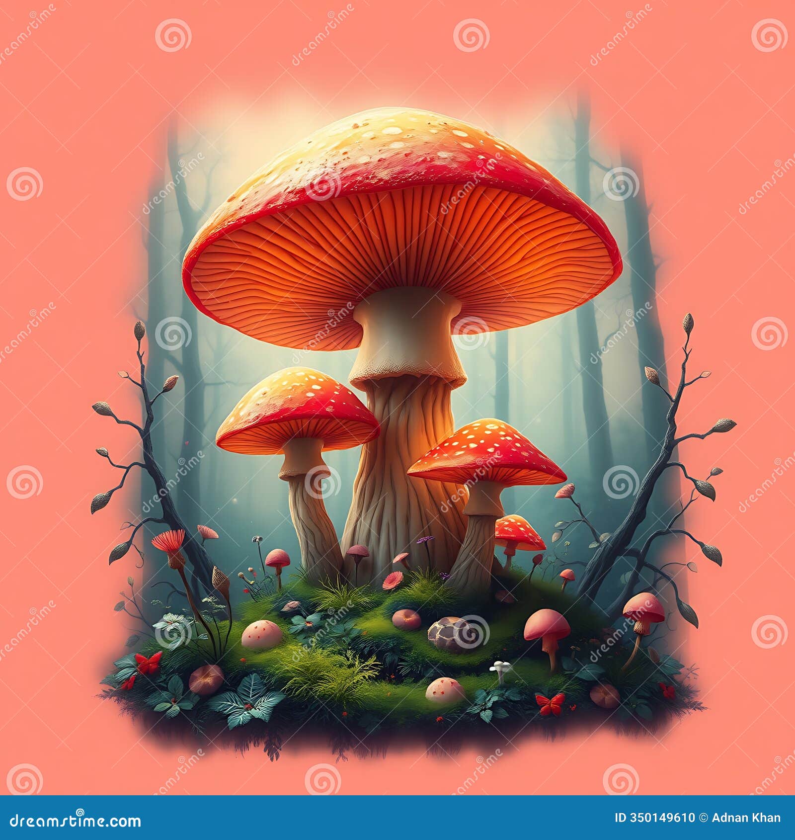 a glowing mushroom cluster in a magical forest setting on a pastel coral background